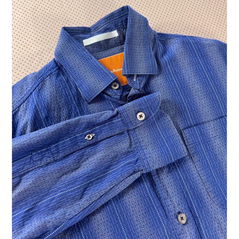 Tommy Bahama Men's Small Blue Striped Cotton Long Sleeve Western Button Down